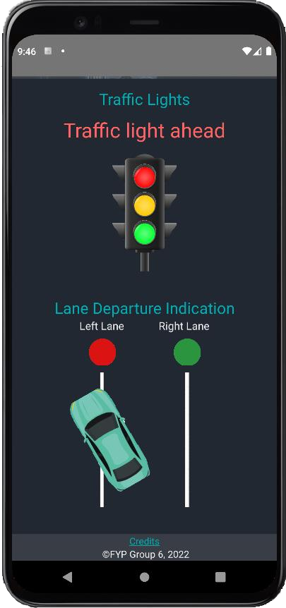 Mobile app showing traffic light ahead and lane departure warnings
